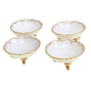 Set Of 4 Vintage French Porcelain Footed Salt Cellars Gold Trim Scalloped Edges